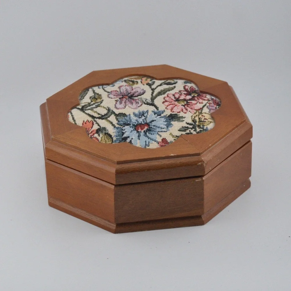 Vintage‎ Jewelry Box Brown Floral Tapestry Octagon Wood Mirror
